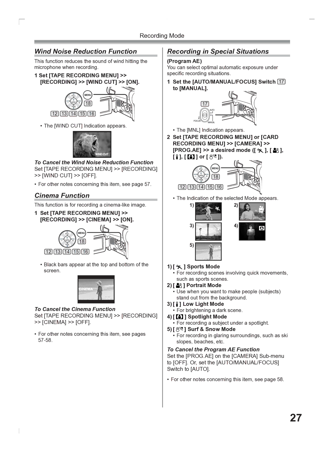 Panasonic PV-GS2 operating instructions Wind Noise Reduction Function, Cinema Function, Recording in Special Situations 