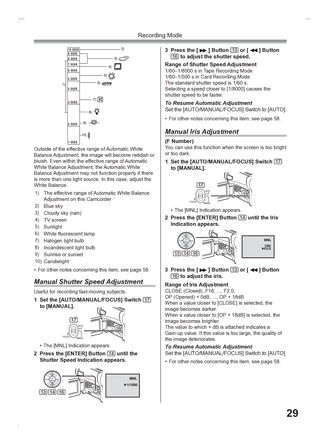 Panasonic PV-GS2 operating instructions Manual Shutter Speed Adjustment, Manual Iris Adjustment, Number 