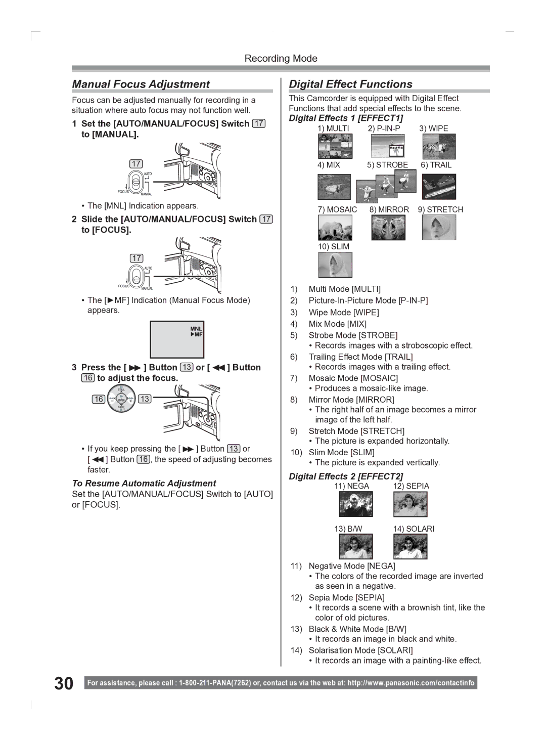 Panasonic PV-GS2 Manual Focus Adjustment, Digital Effect Functions, Digital Effects 1 EFFECT1, Digital Effects 2 EFFECT2 