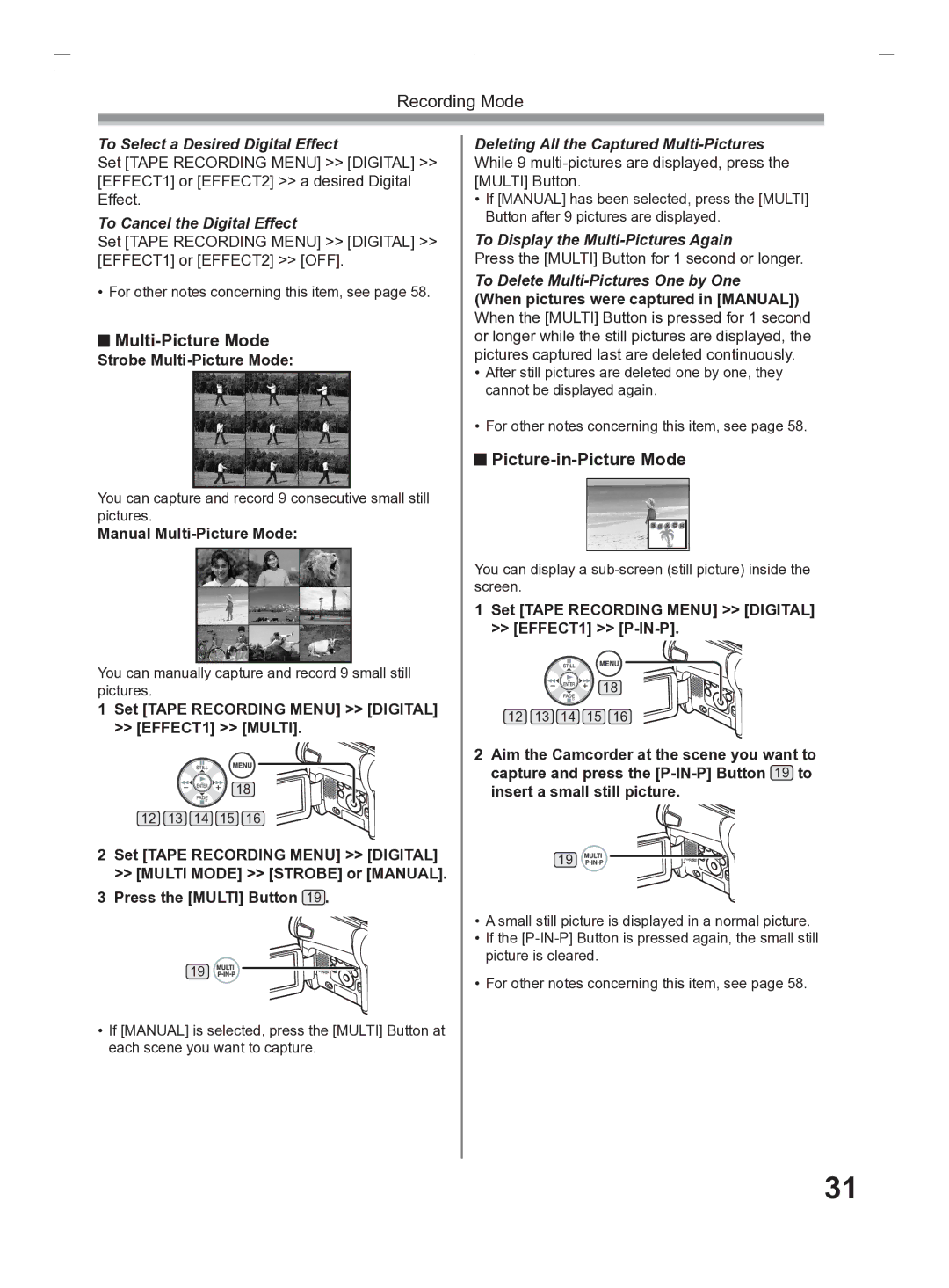 Panasonic PV-GS2 operating instructions Multi-Picture Mode, Picture-in-Picture Mode 