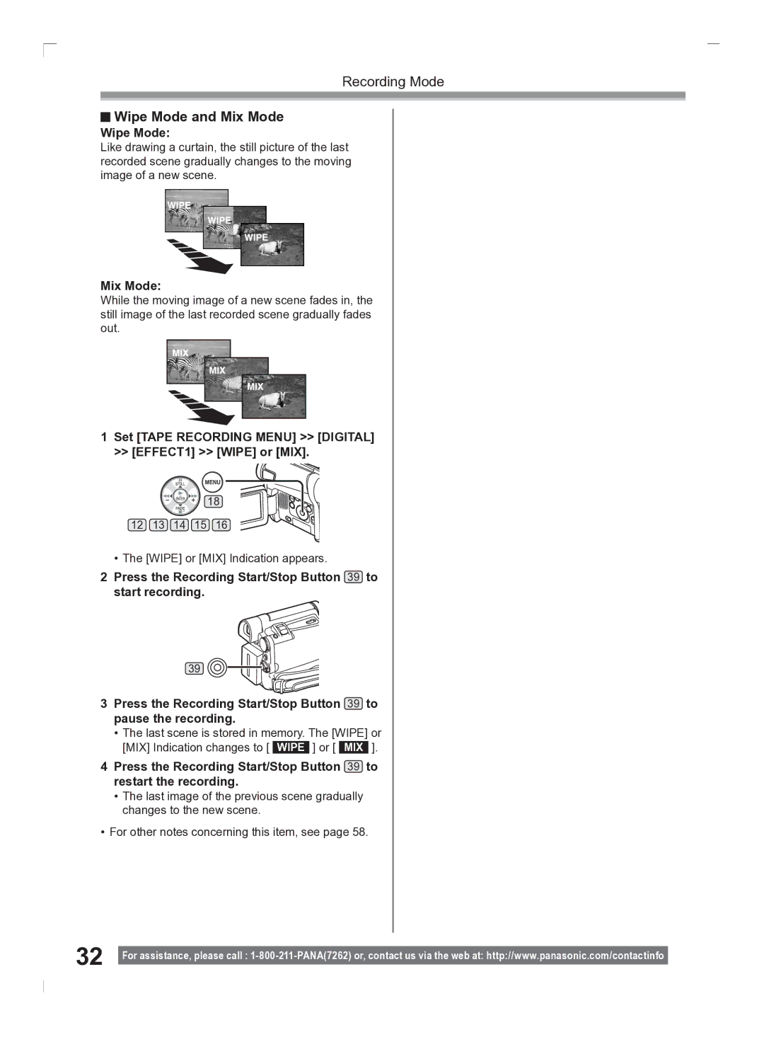 Panasonic PV-GS2 operating instructions Wipe Mode and Mix Mode, Set Tape Recording Menu Digital EFFECT1 Wipe or MIX 