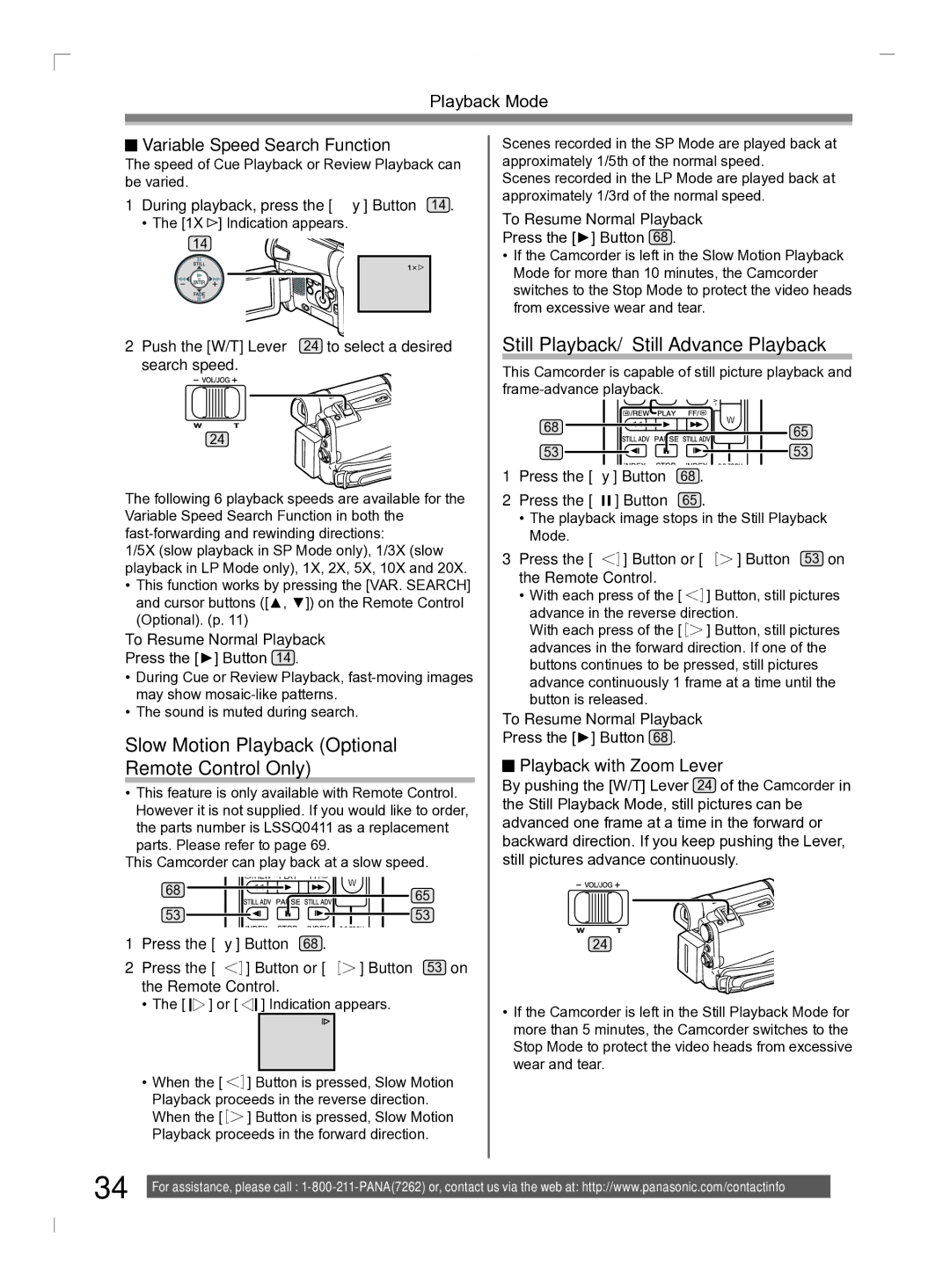 Panasonic PV-GS2 Slow Motion Playback Optional Remote Control Only, Still Playback/Still Advance Playback 