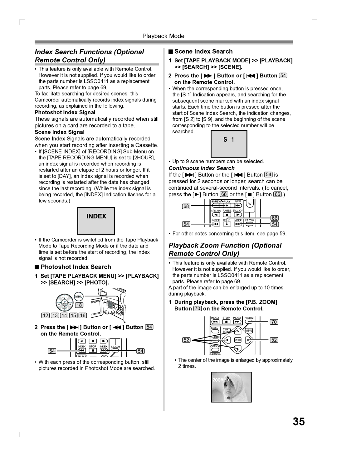 Panasonic PV-GS2 Index Search Functions Optional Remote Control Only, Playback Zoom Function Optional Remote Control Only 