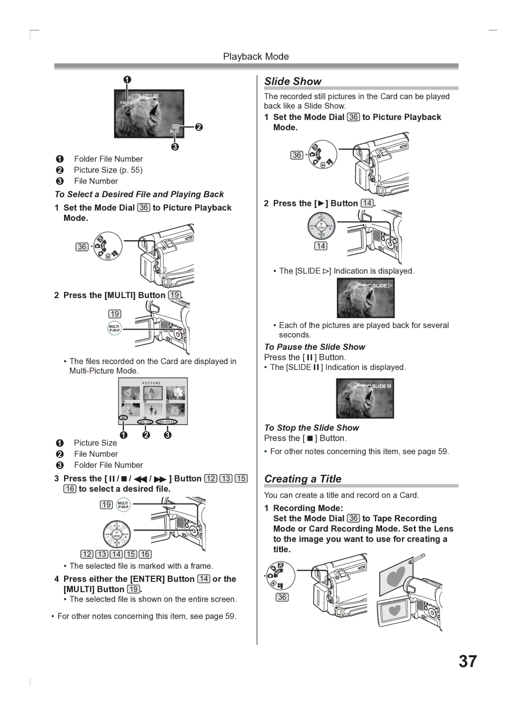 Panasonic PV-GS2 Creating a Title, To Select a Desired File and Playing Back, To Pause the Slide Show 