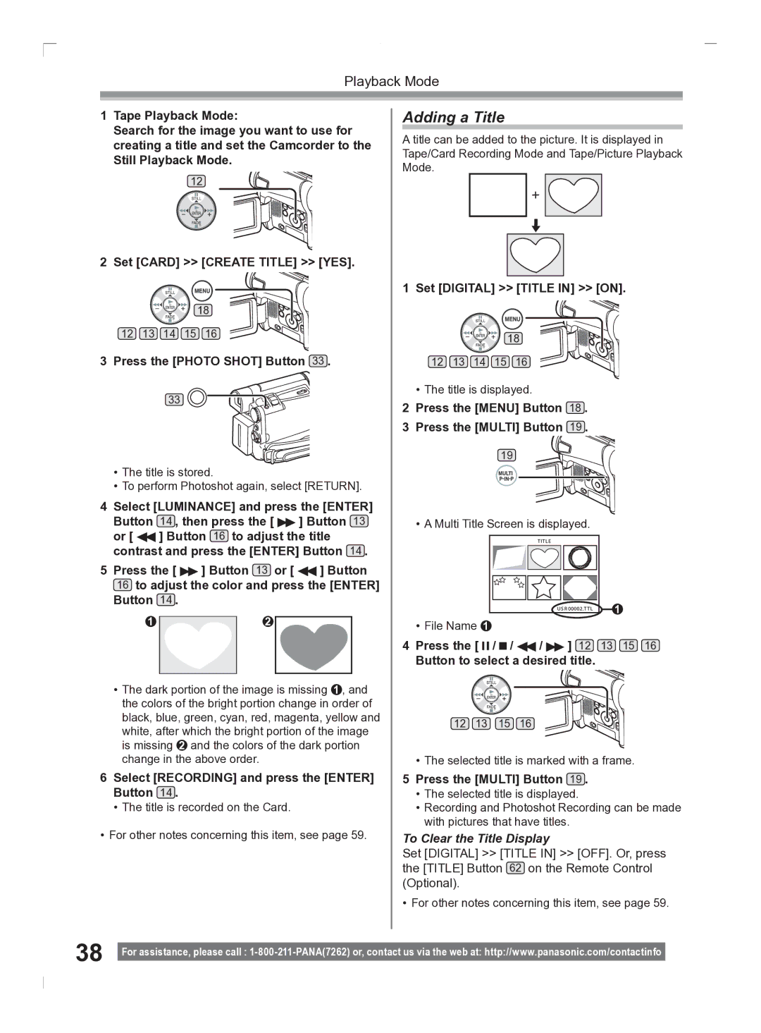 Panasonic PV-GS2 operating instructions Adding a Title, To Clear the Title Display 