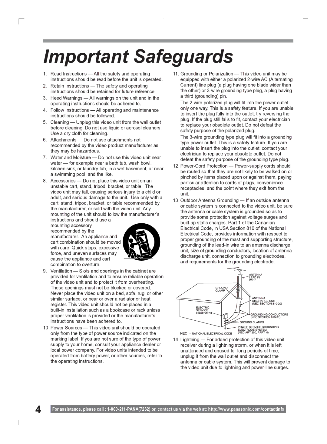 Panasonic PV-GS2 operating instructions Important Safeguards 
