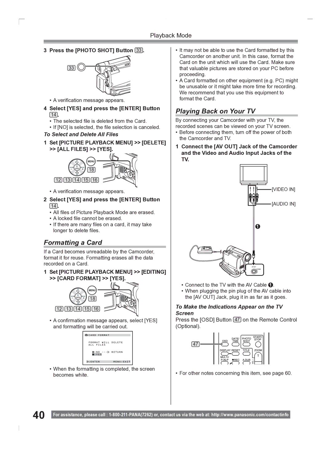 Panasonic PV-GS2 operating instructions Formatting a Card, Playing Back on Your TV, To Select and Delete All Files 