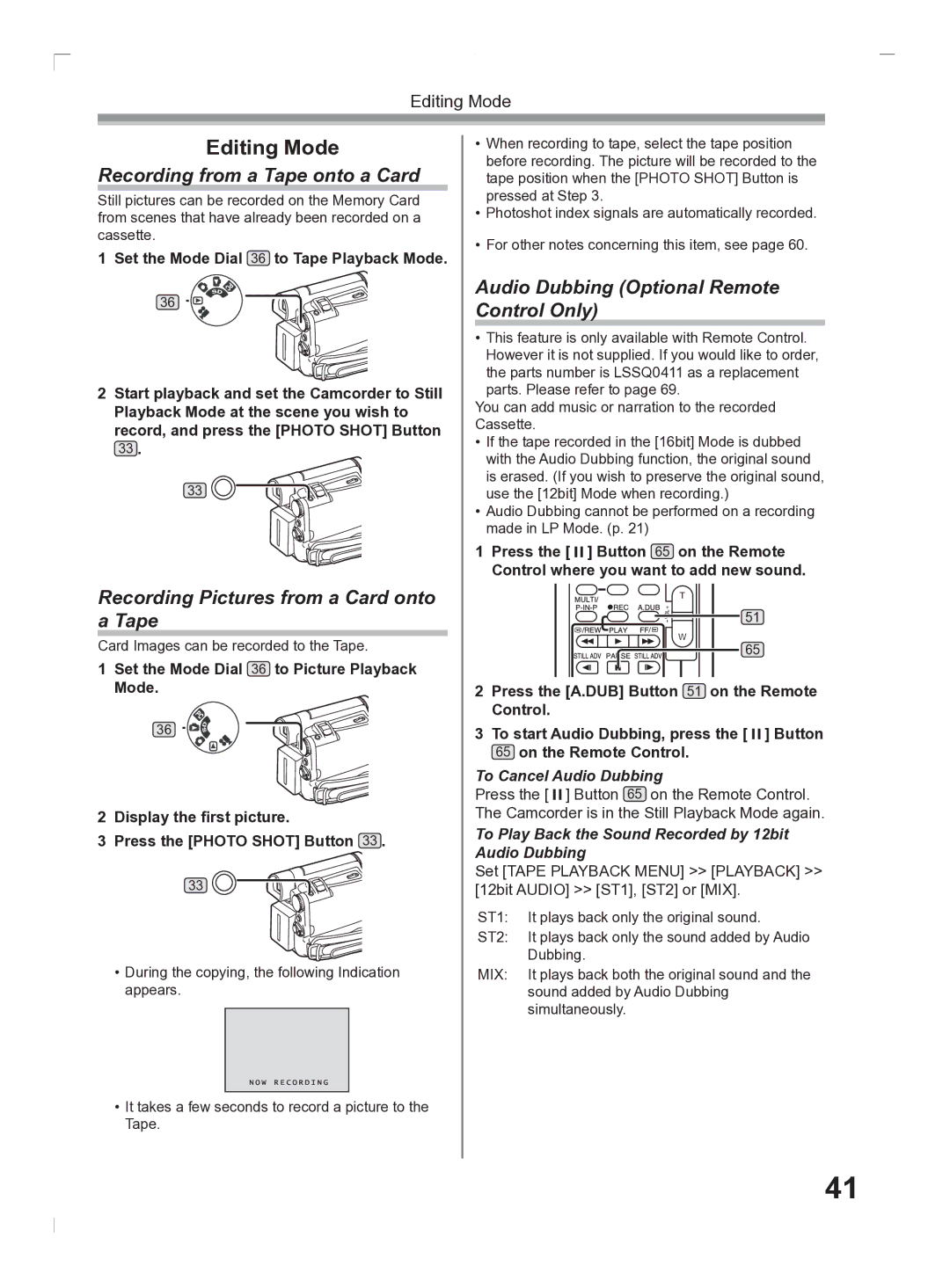 Panasonic PV-GS2 Recording from a Tape onto a Card, Recording Pictures from a Card onto a Tape, To Cancel Audio Dubbing 