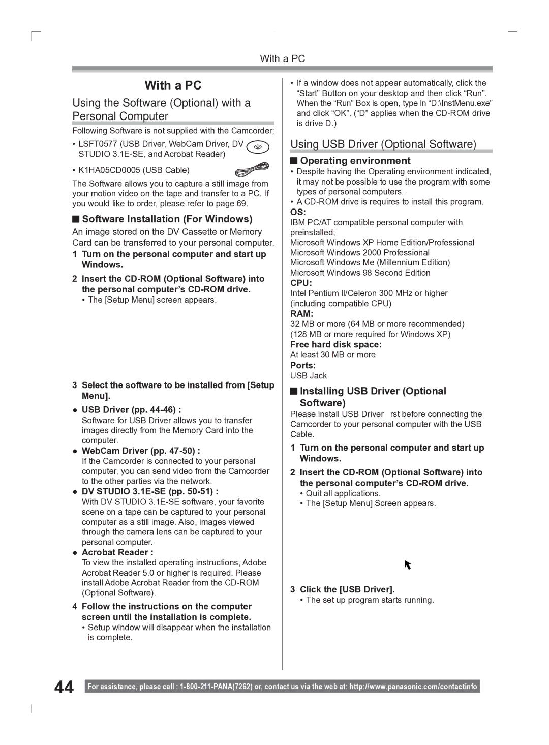 Panasonic PV-GS2 Using the Software Optional with a Personal Computer, Using USB Driver Optional Software 