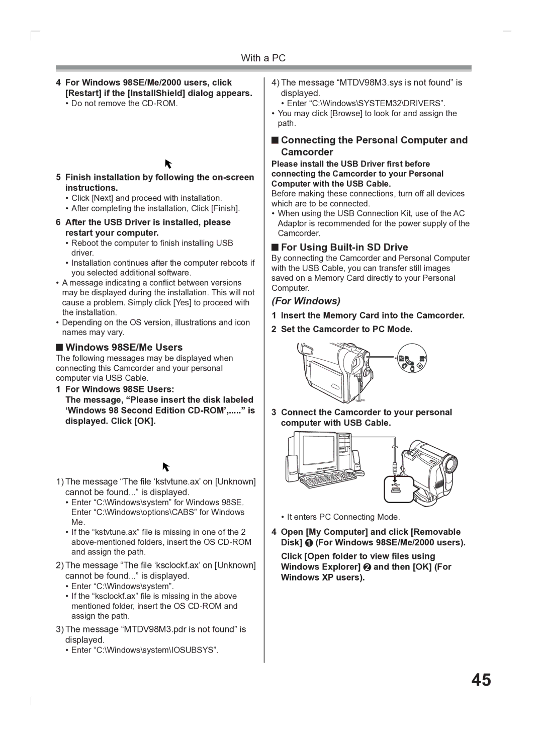 Panasonic PV-GS2 Windows 98SE/Me Users, Connecting the Personal Computer and Camcorder, For Using Built-in SD Drive 