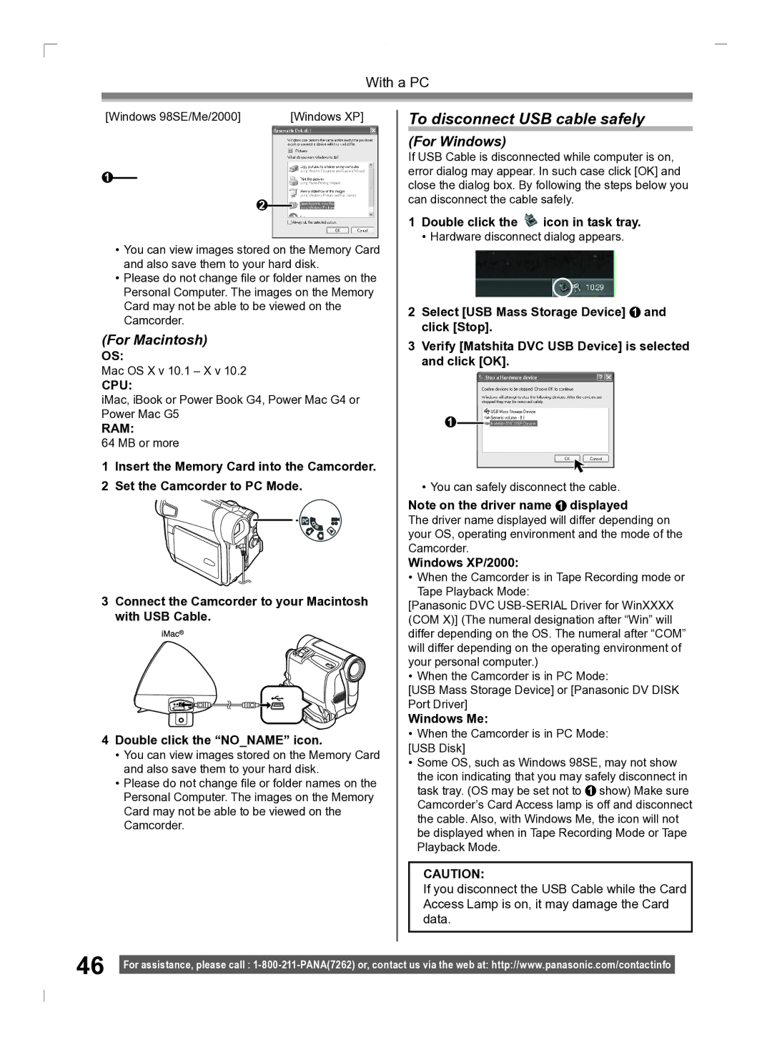 Panasonic PV-GS2 To disconnect USB cable safely, Double click the icon in task tray, Windows XP/2000, Windows Me 