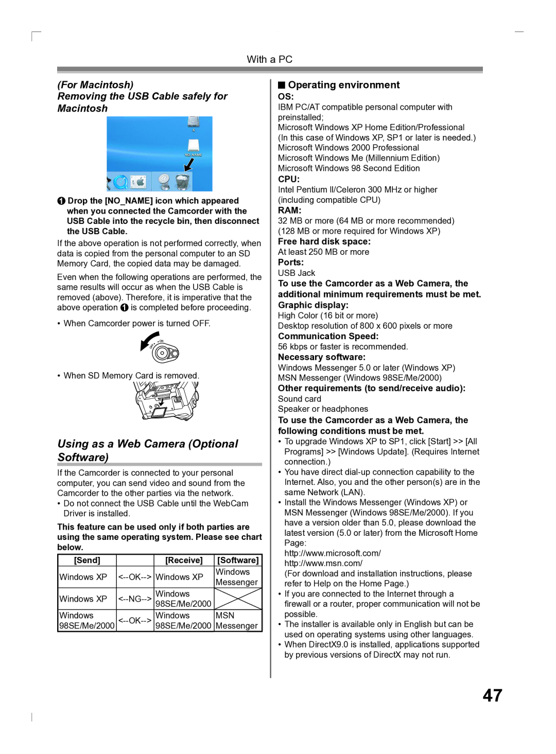 Panasonic PV-GS2 operating instructions Using as a Web Camera Optional Software 