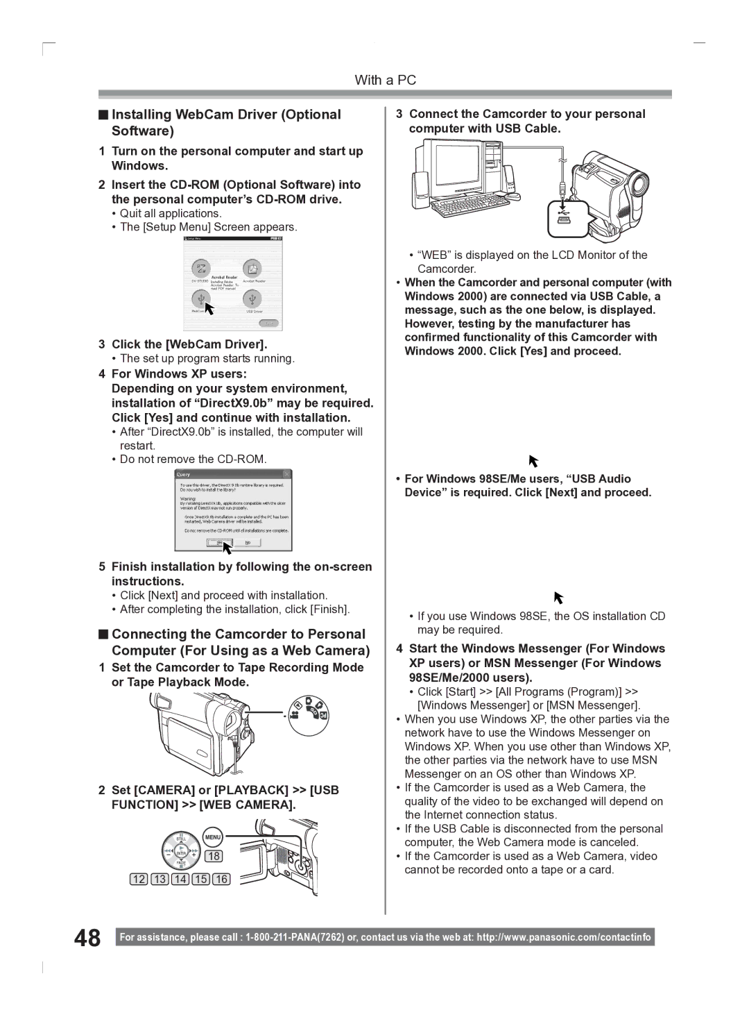 Panasonic PV-GS2 Installing WebCam Driver Optional Software, Click the WebCam Driver, For Windows XP users 