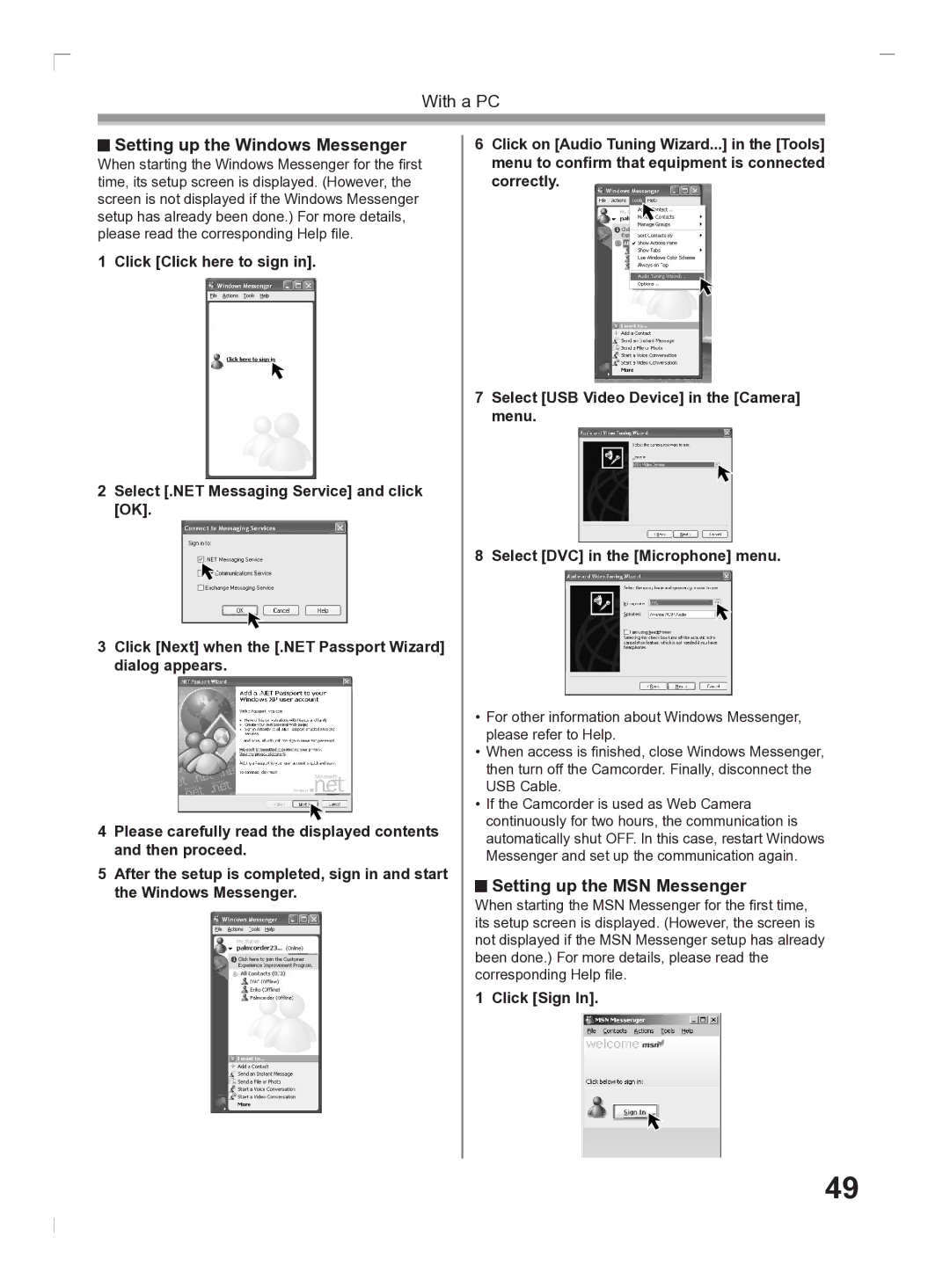 Panasonic PV-GS2 operating instructions Setting up the Windows Messenger, Setting up the MSN Messenger, Click Sign 