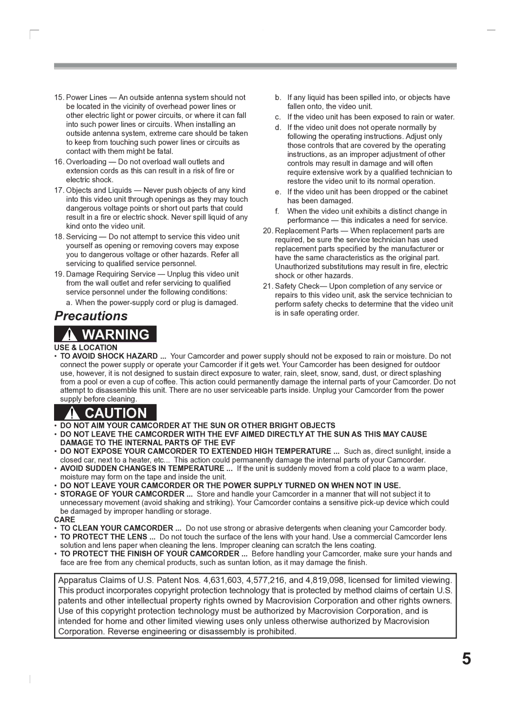 Panasonic PV-GS2 operating instructions Precautions 