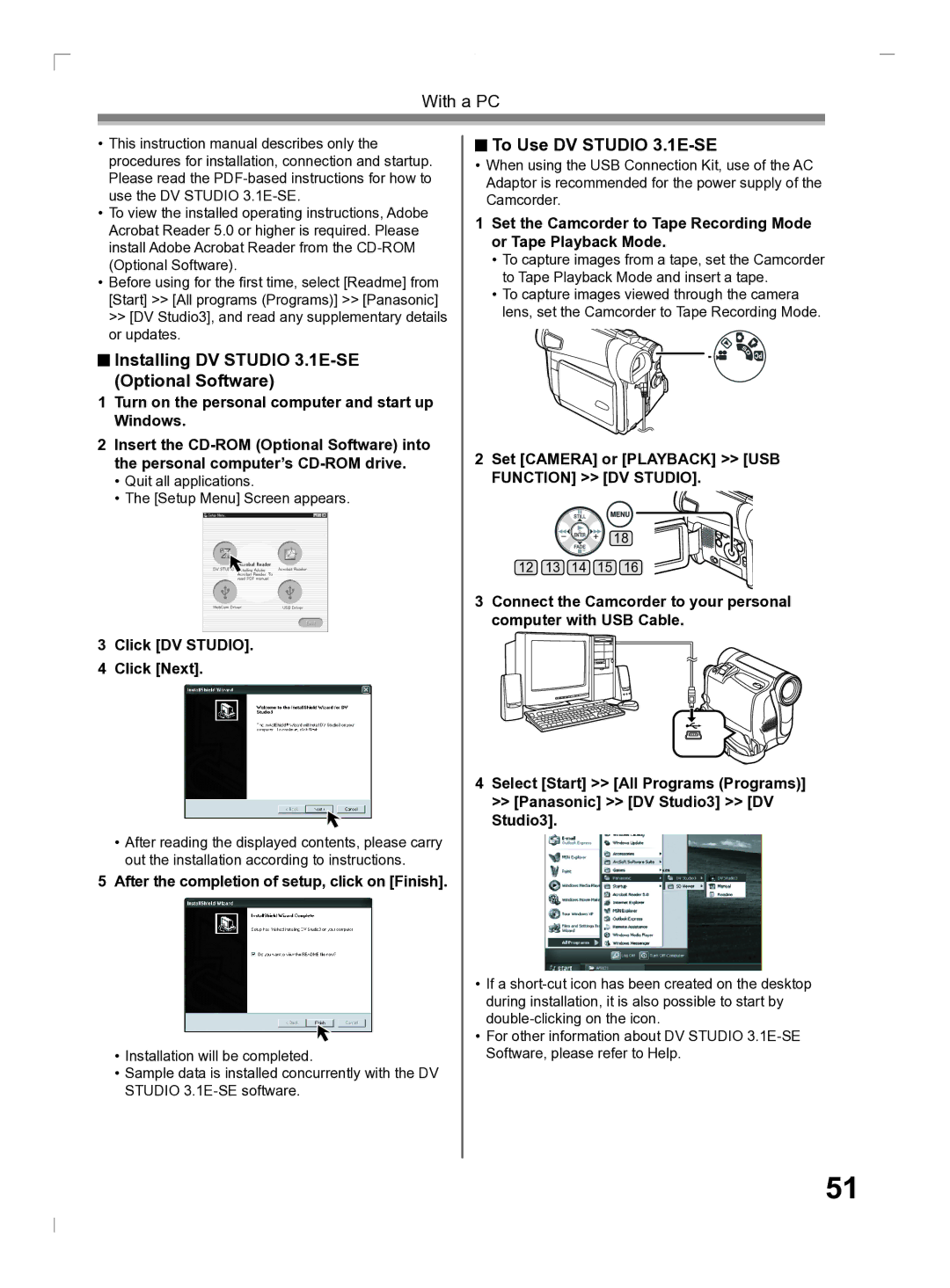 Panasonic PV-GS2 Installing DV Studio 3.1E-SE Optional Software, To Use DV Studio 3.1E-SE, Click DV Studio Click Next 