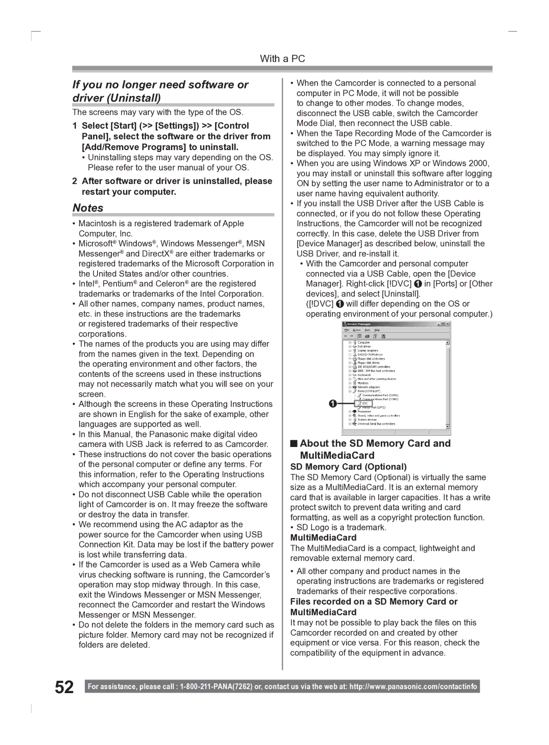 Panasonic PV-GS2 If you no longer need software or driver Uninstall, About the SD Memory Card and MultiMediaCard 
