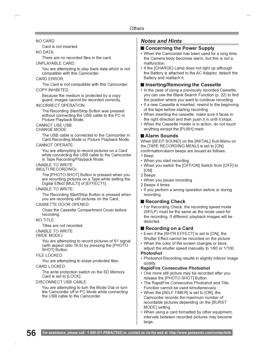 Panasonic PV-GS2 Concerning the Power Supply, Inserting/Removing the Cassette, Alarm Sounds, Recording Check 