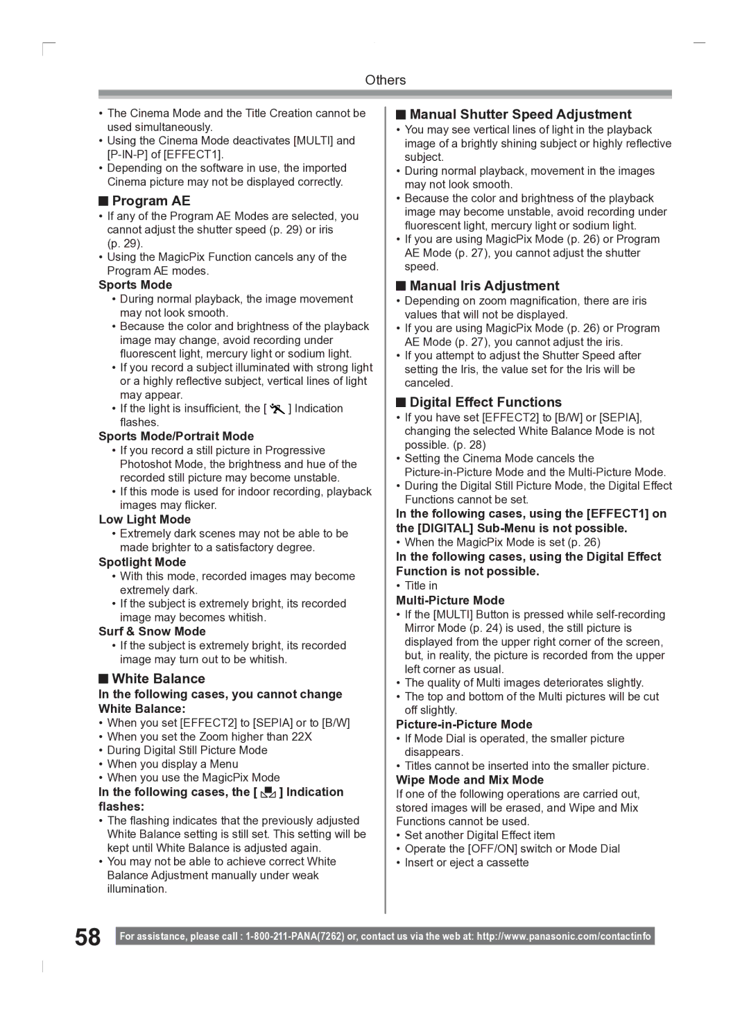 Panasonic PV-GS2 operating instructions Program AE, White Balance, Manual Shutter Speed Adjustment, Manual Iris Adjustment 