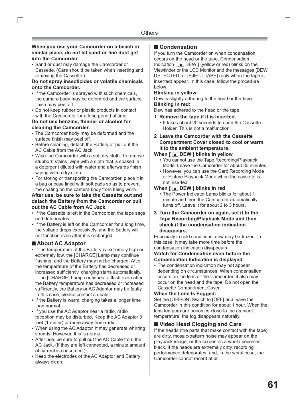 Panasonic PV-GS2 operating instructions About AC Adaptor, Condensation, Video Head Clogging and Care 