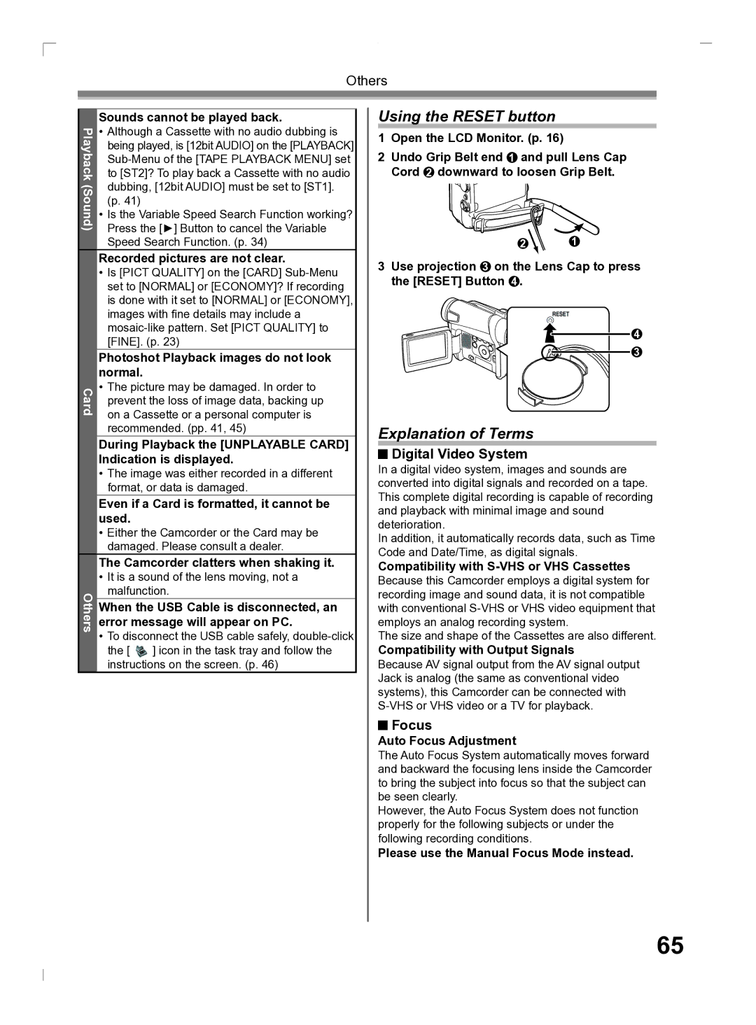 Panasonic PV-GS2 operating instructions Using the Reset button, Explanation of Terms, Digital Video System, Focus 