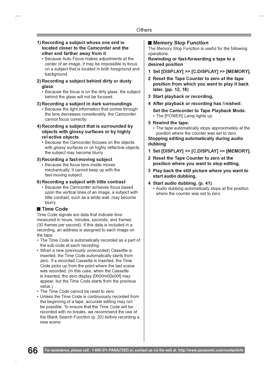 Panasonic PV-GS2 operating instructions Time Code, Memory Stop Function 