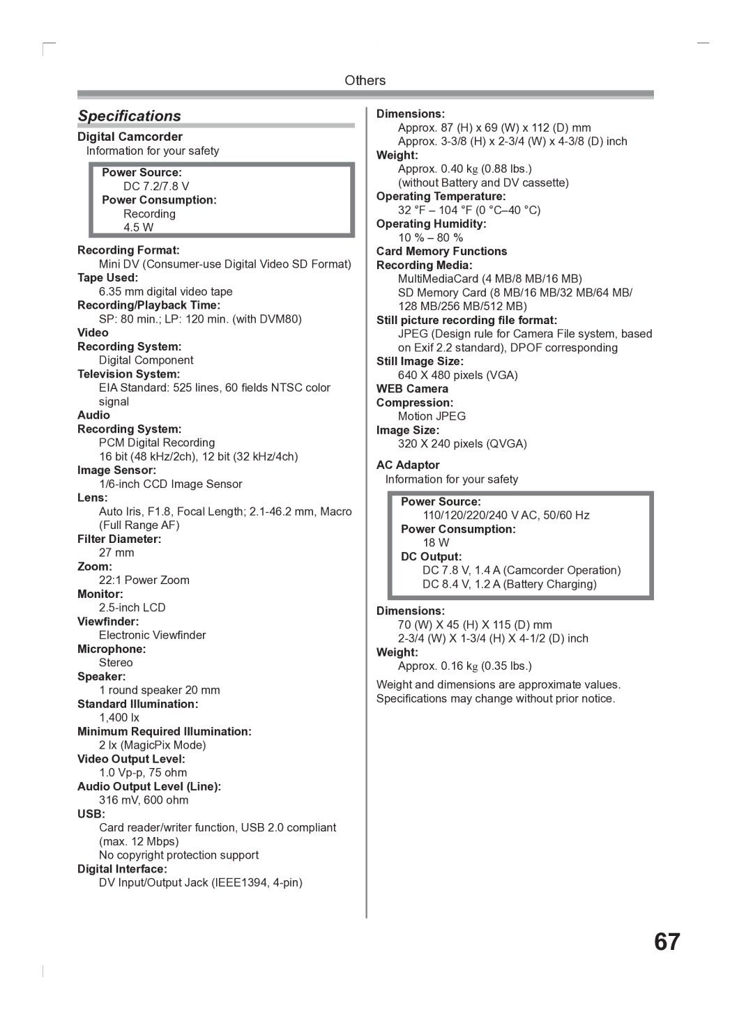 Panasonic PV-GS2 operating instructions Speciﬁcations, Digital Camcorder 