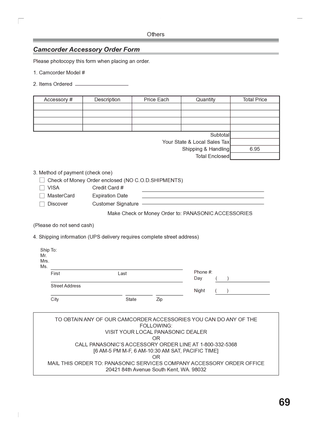 Panasonic PV-GS2 operating instructions Camcorder Accessory Order Form, Visa 