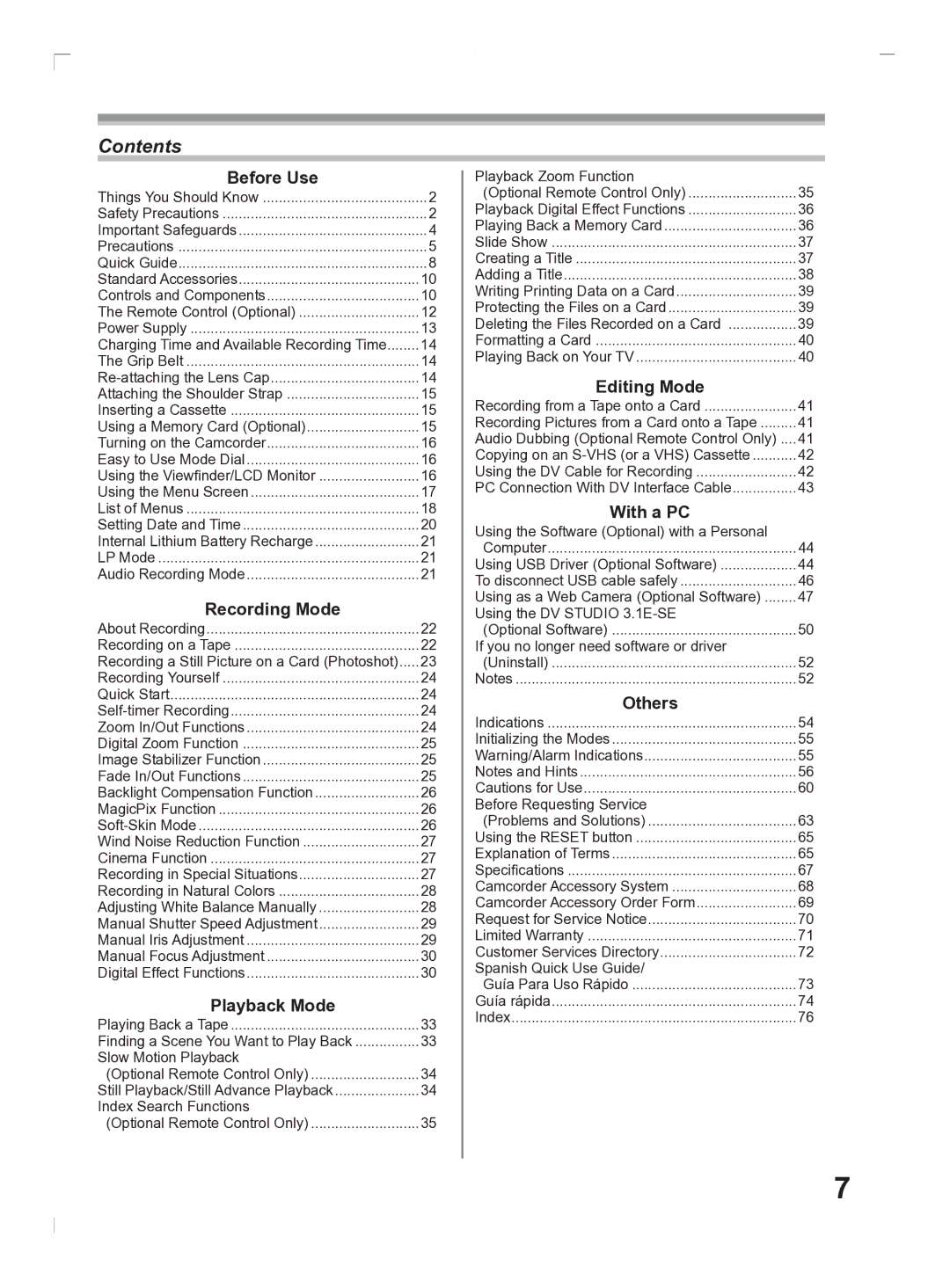 Panasonic PV-GS2 operating instructions Contents 