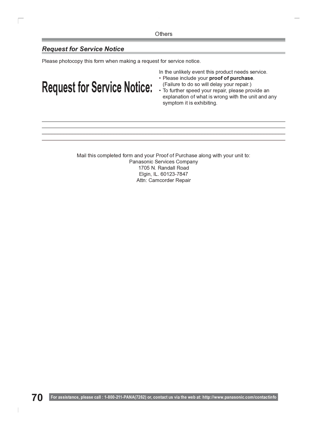 Panasonic PV-GS2 operating instructions Request for Service Notice 