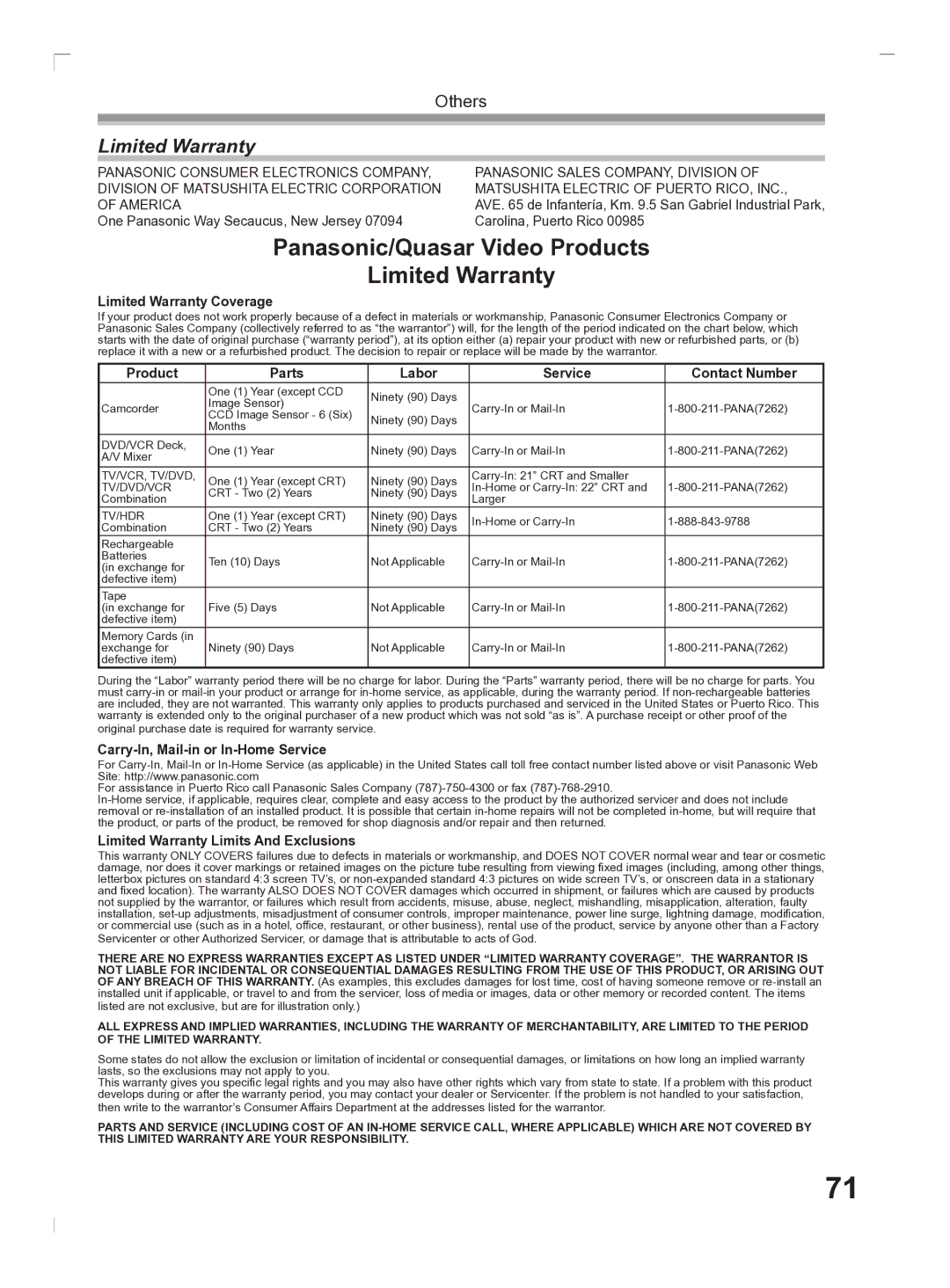 Panasonic PV-GS2 operating instructions Panasonic/Quasar Video Products Limited Warranty 