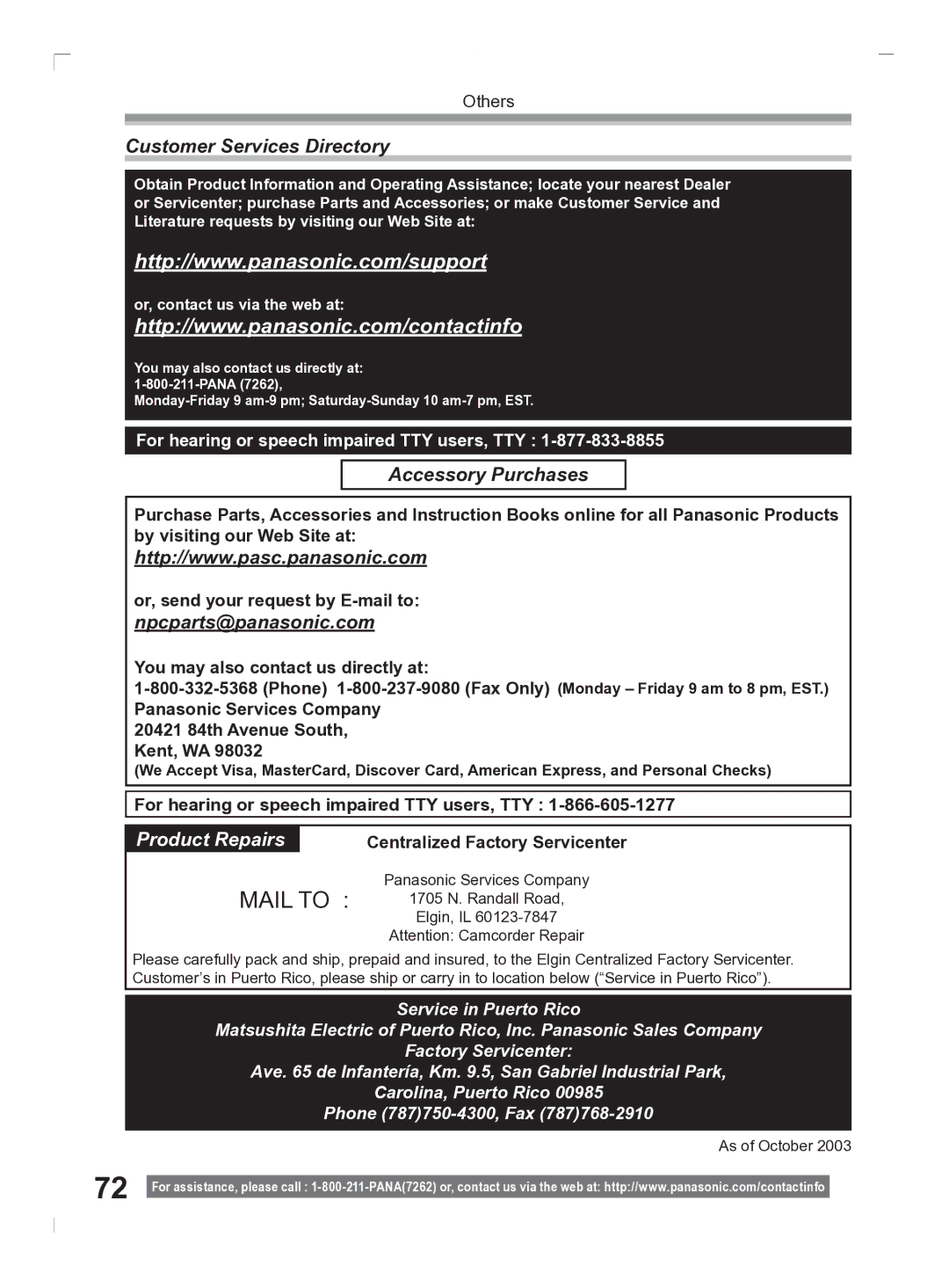 Panasonic PV-GS2 Customer Services Directory, Accessory Purchases, Npcparts@panasonic.com, Centralized Factory Servicenter 