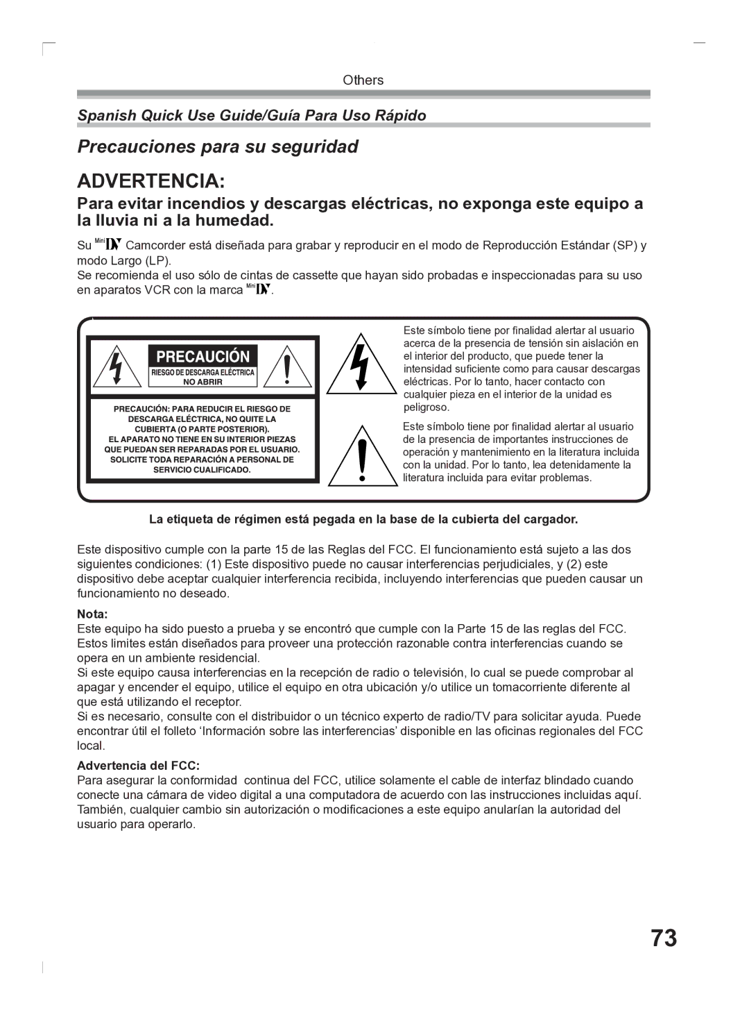 Panasonic PV-GS2 operating instructions Spanish Quick Use Guide/Guía Para Uso Rápido, Nota, Advertencia del FCC 