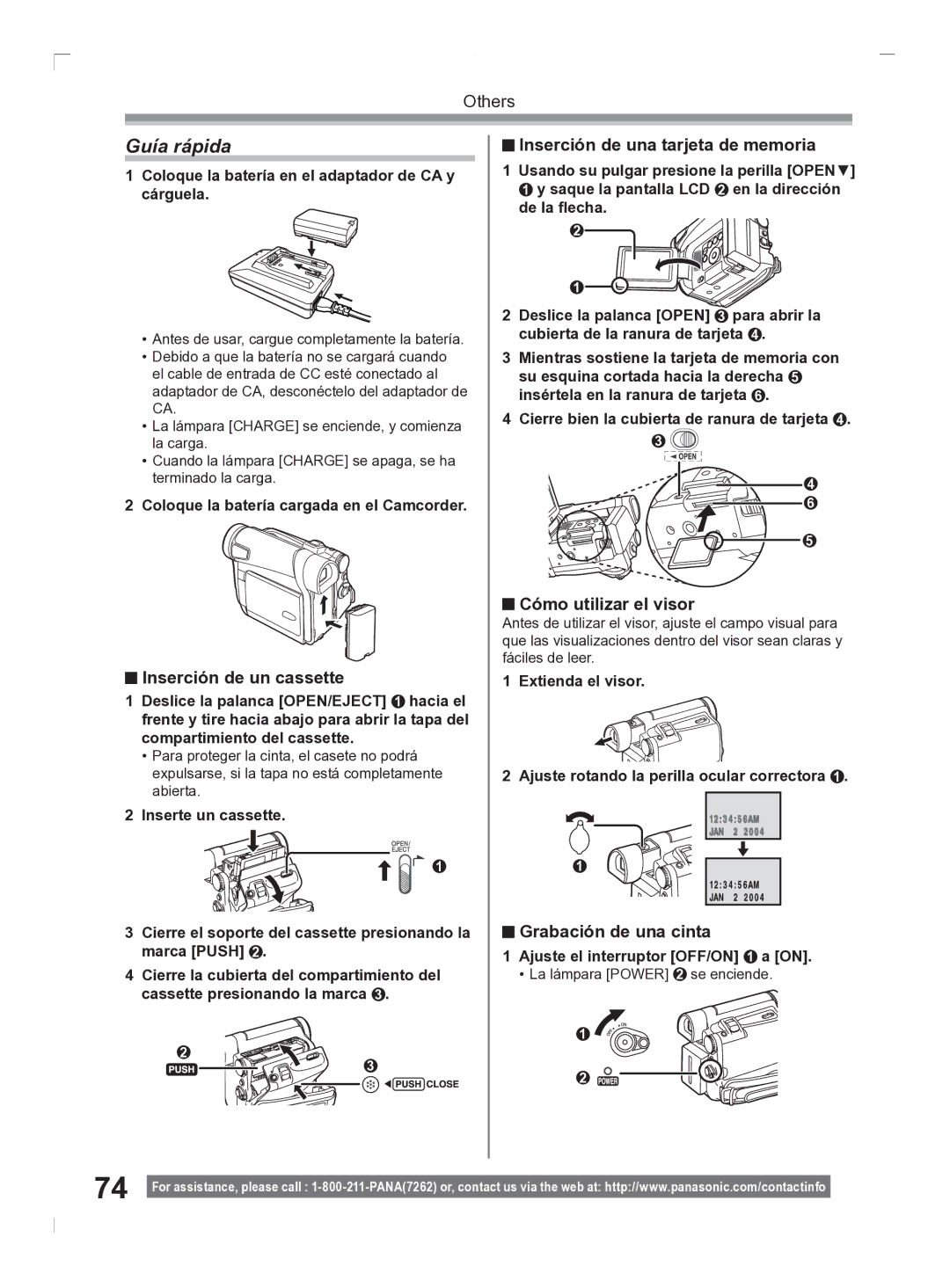 Panasonic PV-GS2 Guía rápida, Inserción de un cassette, Inserción de una tarjeta de memoria, Cómo utilizar el visor 