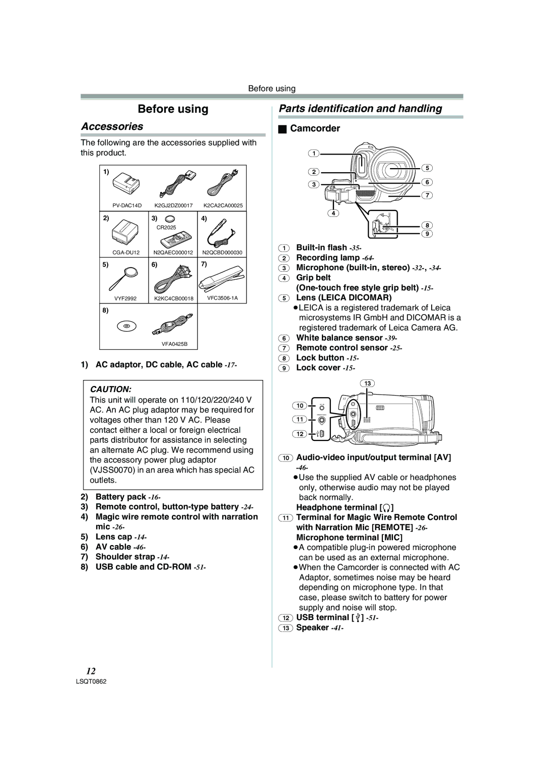 Panasonic PV-GS250 Accessories, Parts identification and handling, Camcorder, AC adaptor, DC cable, AC cable 