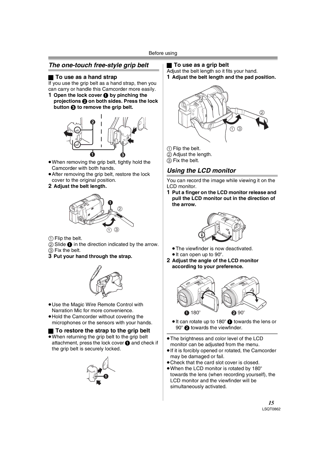 Panasonic PV-GS250 One-touch free-style grip belt, Using the LCD monitor, To use as a hand strap, To use as a grip belt 