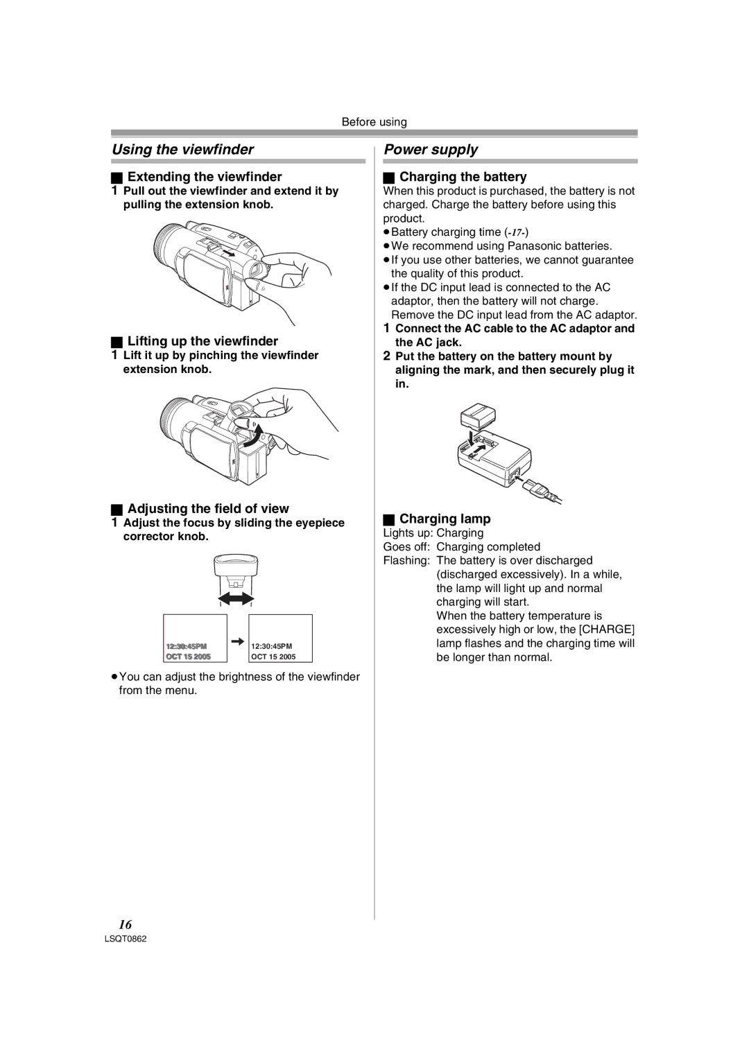 Panasonic PV-GS250 operating instructions Using the viewfinder, Power supply 