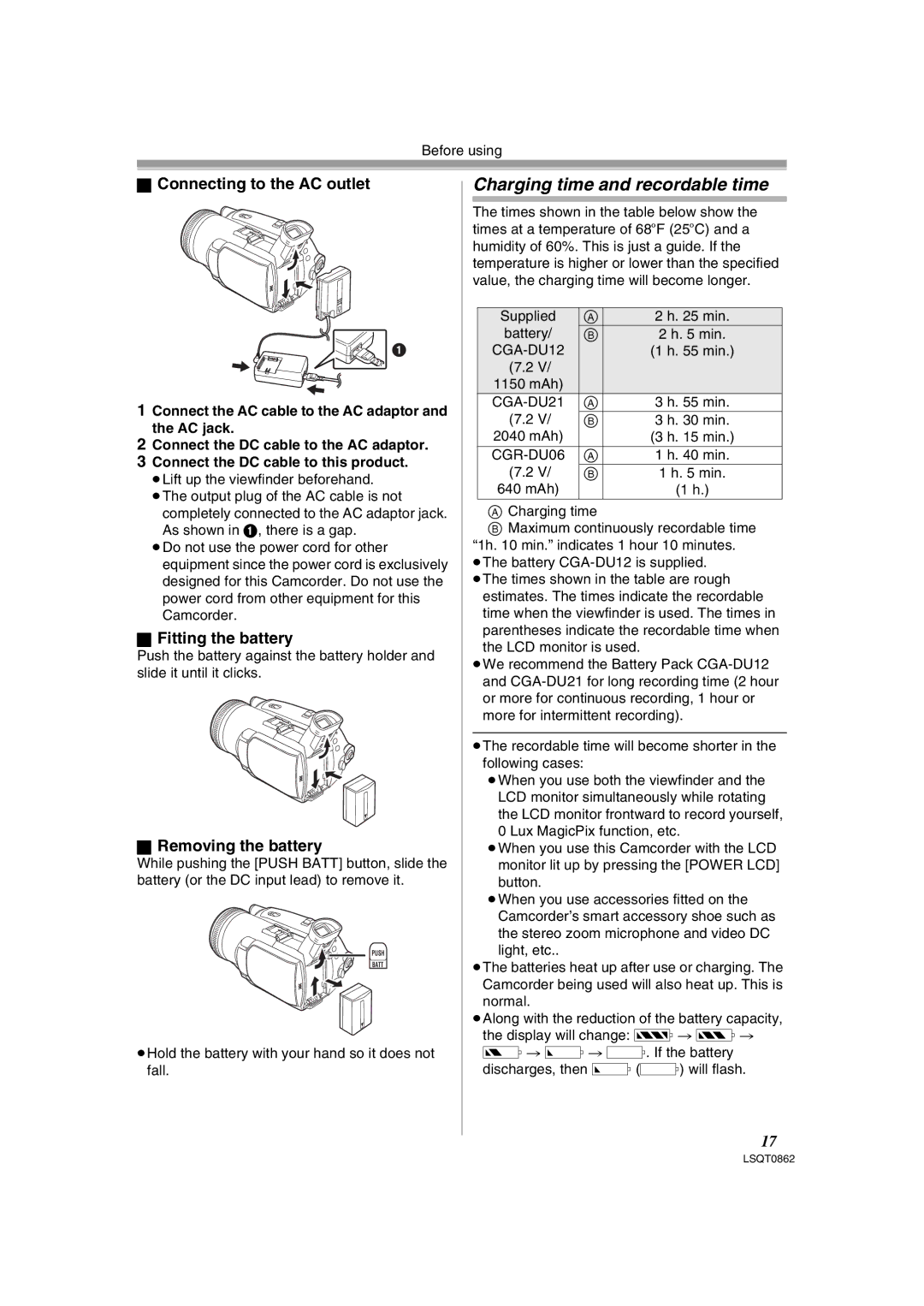 Panasonic PV-GS250 Charging time and recordable time, Connecting to the AC outlet, Removing the battery 