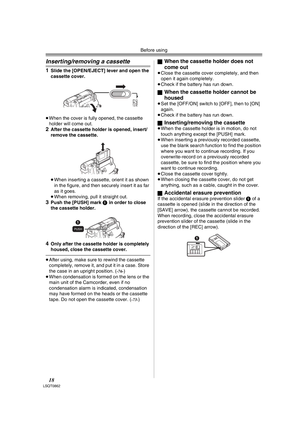 Panasonic PV-GS250 operating instructions Inserting/removing a cassette, When the cassette holder does not Come out 