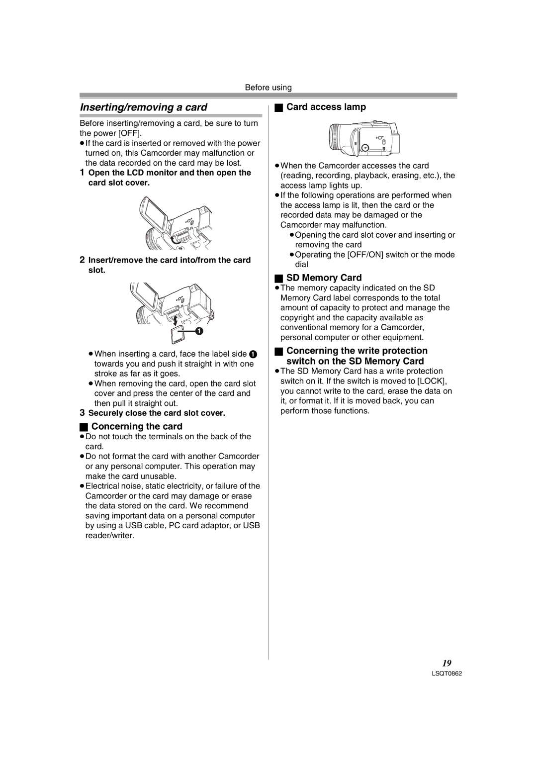 Panasonic PV-GS250 operating instructions Inserting/removing a card, Concerning the card, Card access lamp, SD Memory Card 