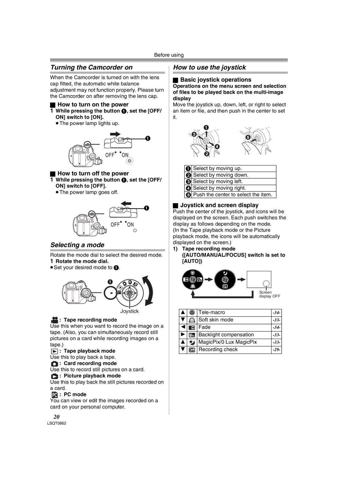 Panasonic PV-GS250 Turning the Camcorder on, Selecting a mode, How to use the joystick, Basic joystick operations 