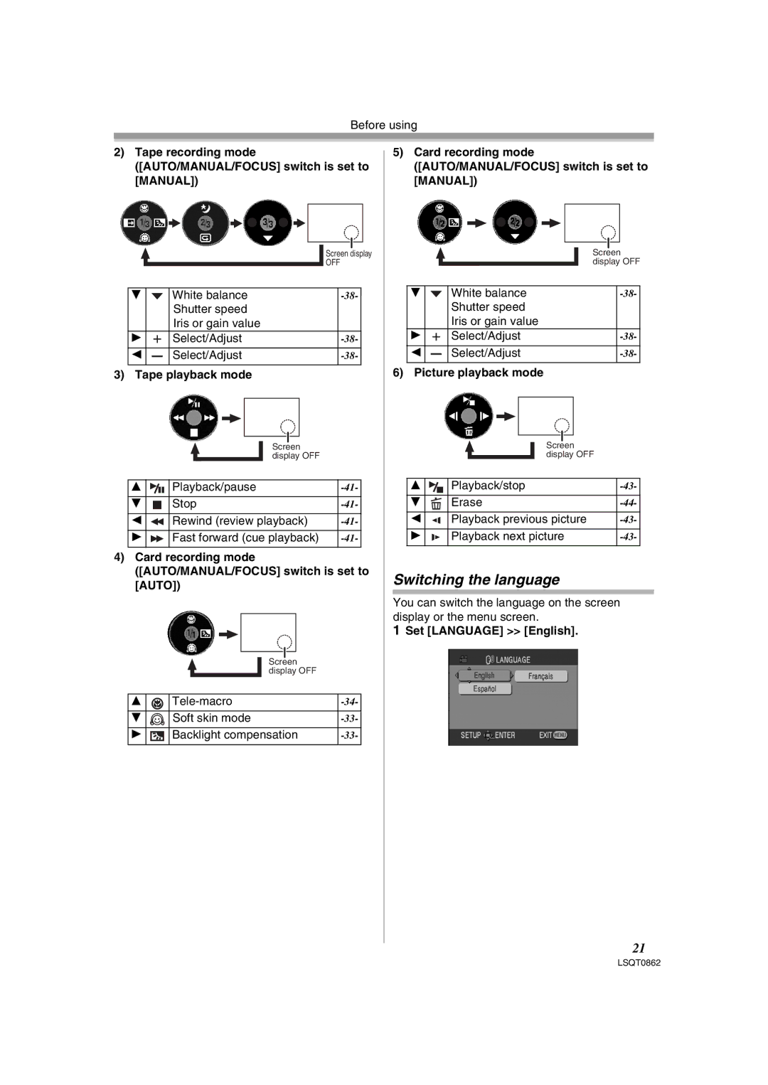 Panasonic PV-GS250 Switching the language, Tape playback mode, Card recording mode AUTO/MANUAL/FOCUS switch is set to Auto 