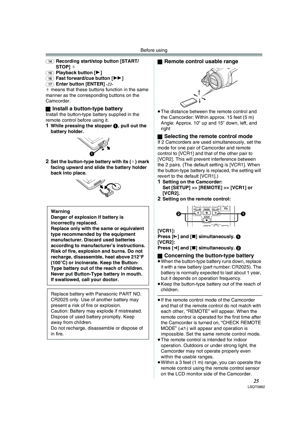 Panasonic PV-GS250 Install a button-type battery, Remote control usable range, Selecting the remote control mode 