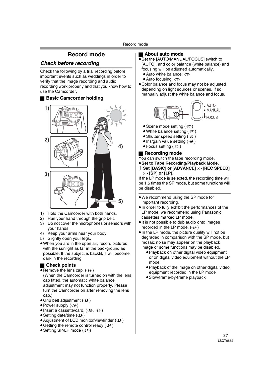 Panasonic PV-GS250 Check before recording, Basic Camcorder holding, Check points, About auto mode, Recording mode 