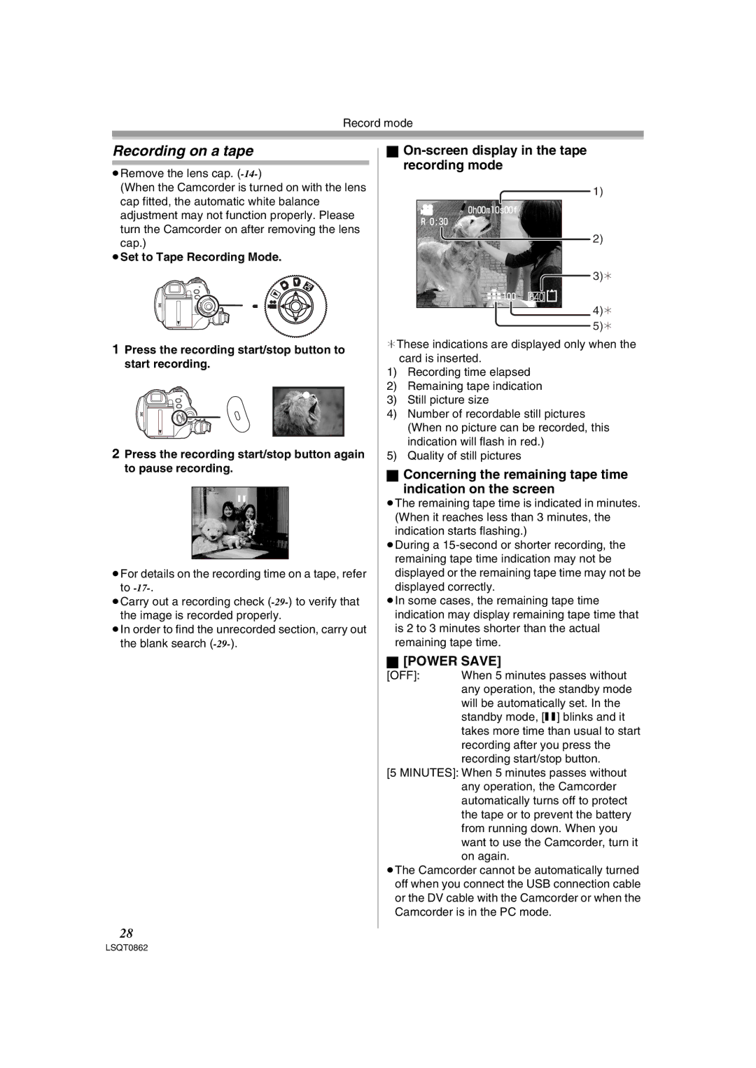 Panasonic PV-GS250 operating instructions Recording on a tape, On-screen display in the tape recording mode, Power Save 