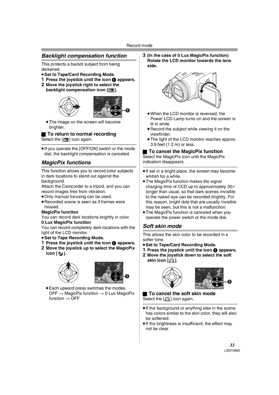 Panasonic PV-GS250 operating instructions Backlight compensation function, MagicPix functions, Soft skin mode 