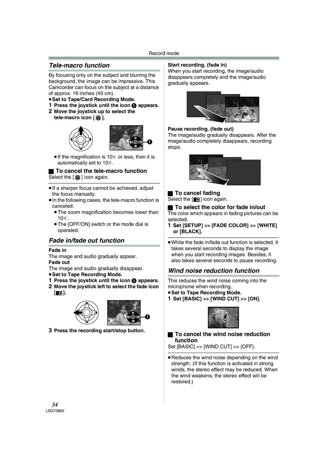 Panasonic PV-GS250 operating instructions Tele-macro function, Fade in/fade out function, Wind noise reduction function 