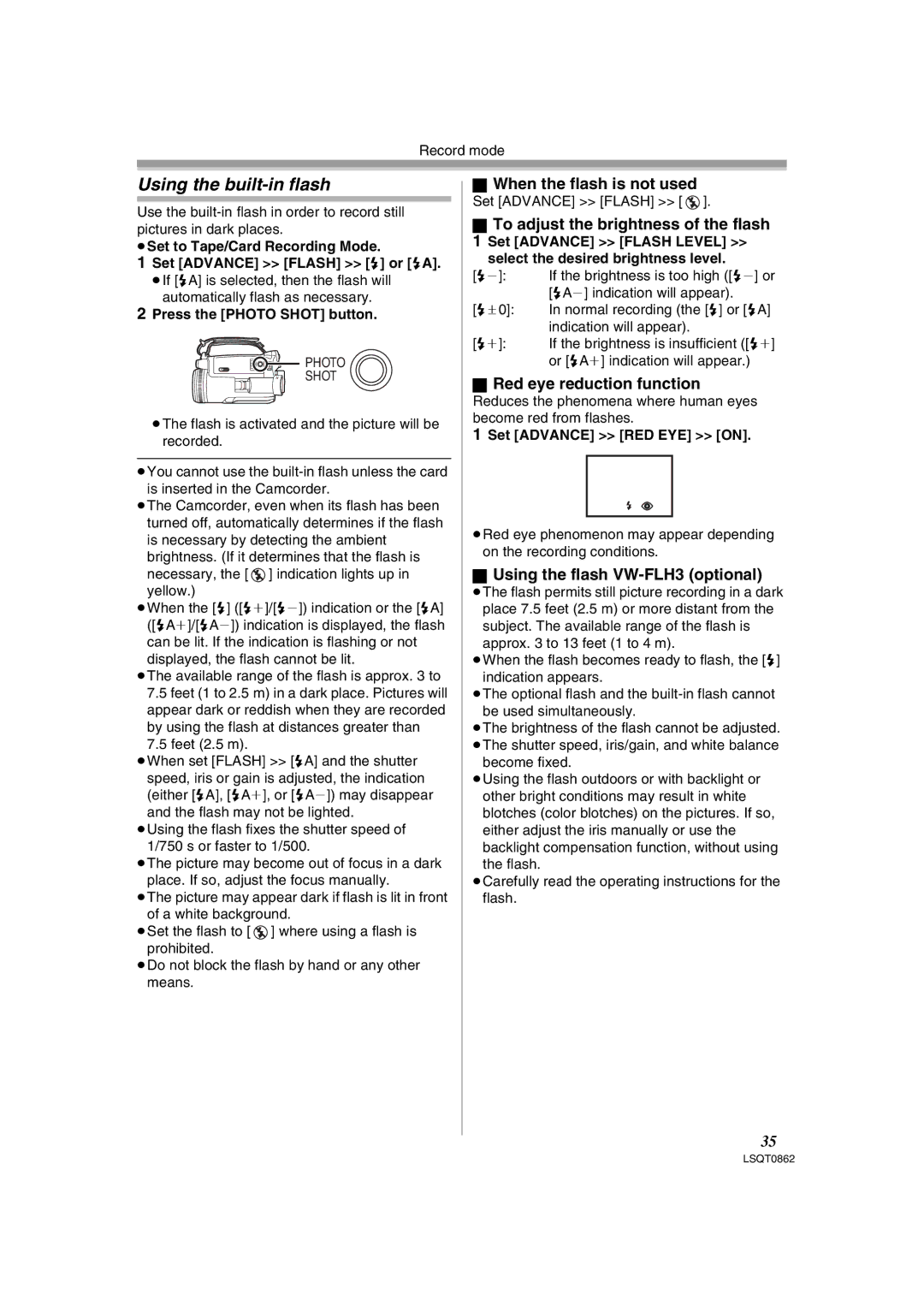 Panasonic PV-GS250 operating instructions Using the built-in flash, When the flash is not used, Red eye reduction function 