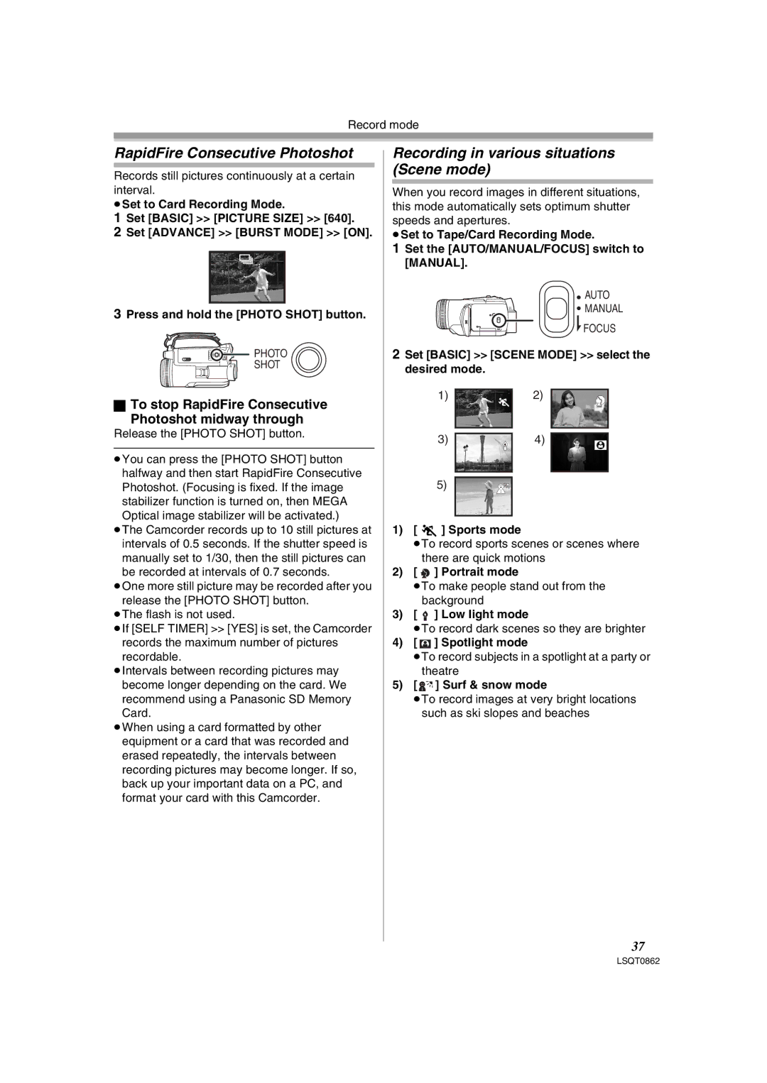 Panasonic PV-GS250 operating instructions RapidFire Consecutive Photoshot, Recording in various situations Scene mode 