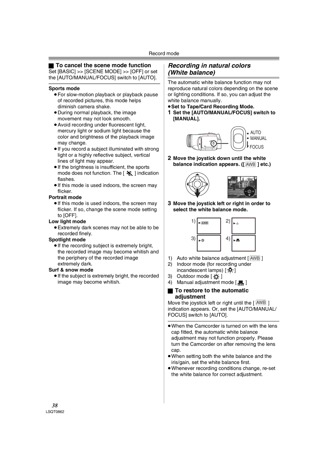 Panasonic PV-GS250 operating instructions Recording in natural colors White balance, To cancel the scene mode function 